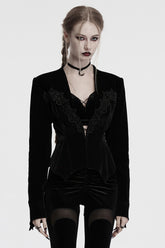 Black V Collar Long Sleeves Floral Embroidery Lace-Up Women's Gothic Jacket